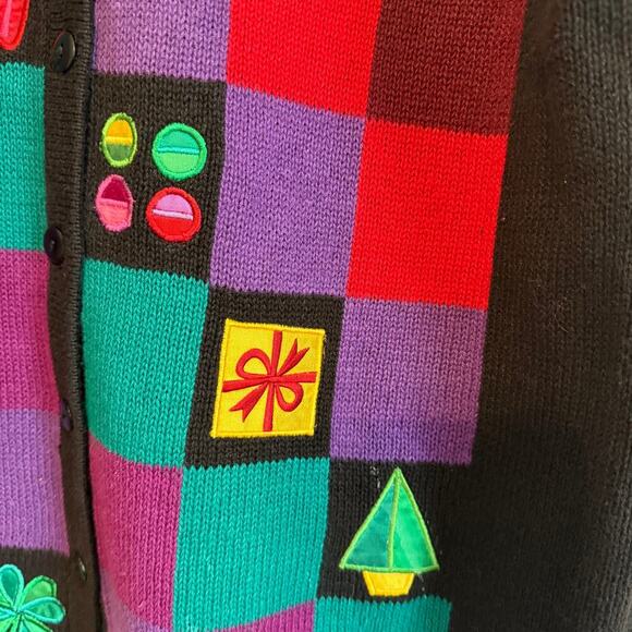 Womens Cardigan Sweater Size Large Bob Mackie Cat Heart Checkered Embroidered - Picture 5 of 6